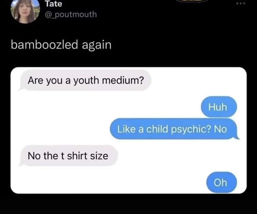 This meme is a screenshot of a conversation between two people, where one person is asking if the other is a "youth medium" (a type of clothing size) and the other person responds with a sarcastic and humorous comment. The text reads: "Are you a youth medium? / Huh. / No. / In that case, are you a large? / No. / Are you a medium? / No."